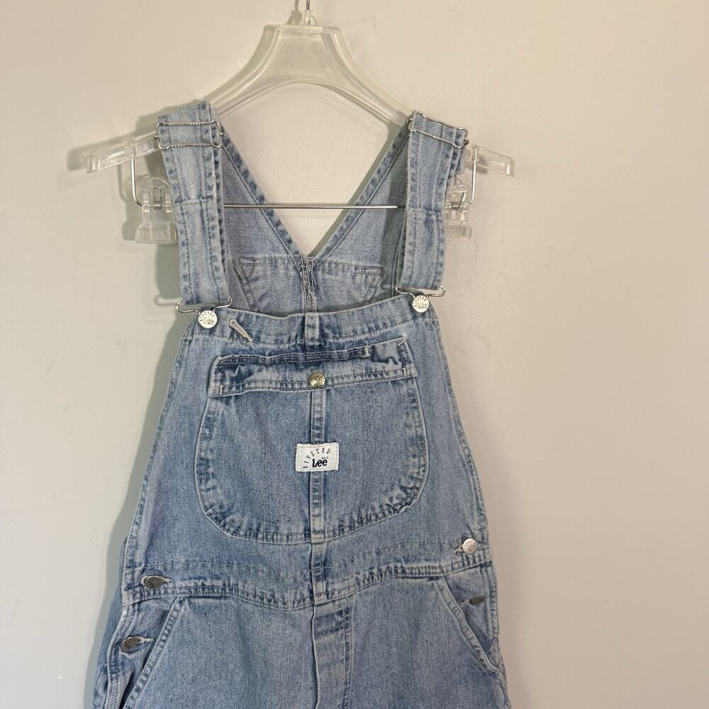 Vtg LEE Riveted Denim Bib Overall Shorts M Blue Jeans Y2K 90s Utility USA - Picture 3 of 6